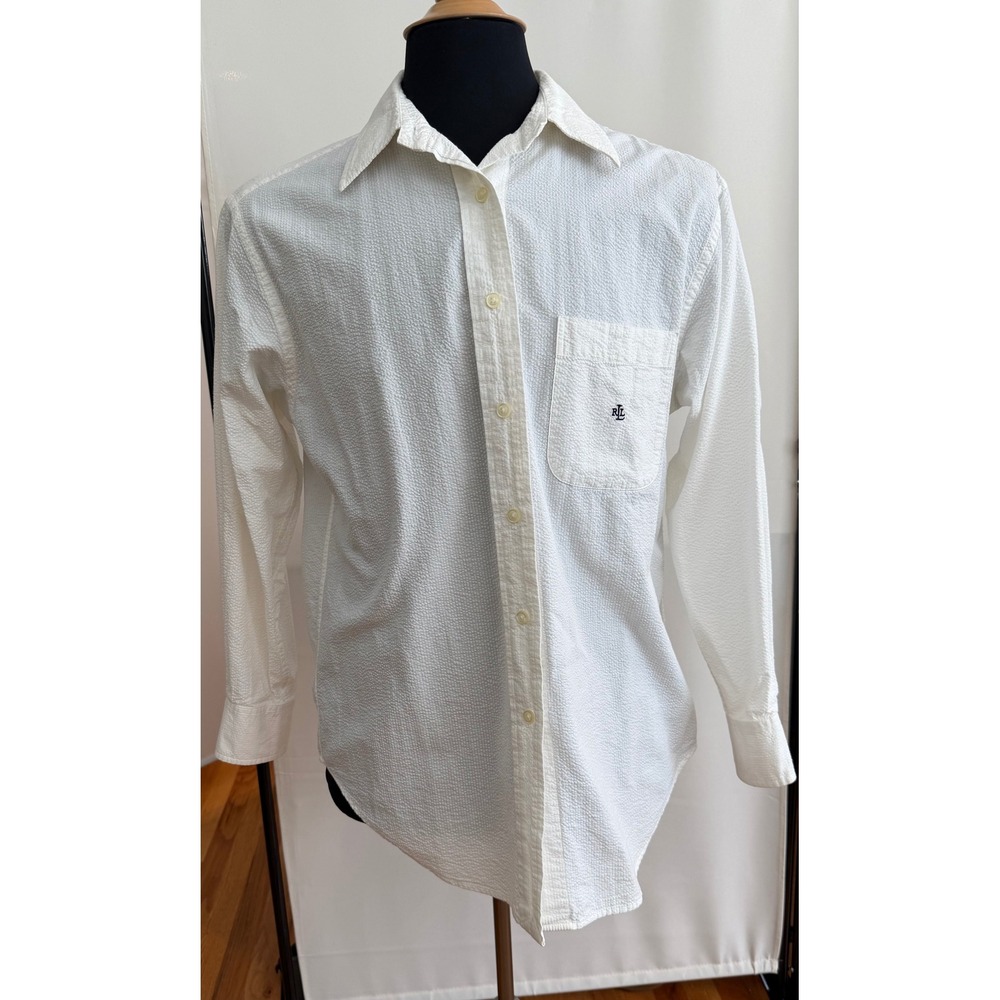 Lauren Ralph Lauren White Seersucker Cotton Button Down Shirt Womens Size 14